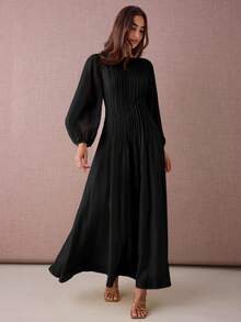 Enchnt 纯色圆领褶皱优雅时尚长袖连衣裙 - 黑色 - 查看 7