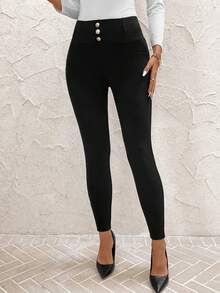 SHEIN Clasi Pantaloni termici da donna, adatti per l'ufficio e il tempo libero, autunno/inverno, leggings natalizi per donna, pantaloni elasticizzati, leggings vita alta, leggings caldi, nero, autunno, autunno per donna - nero - Visualizzare 6