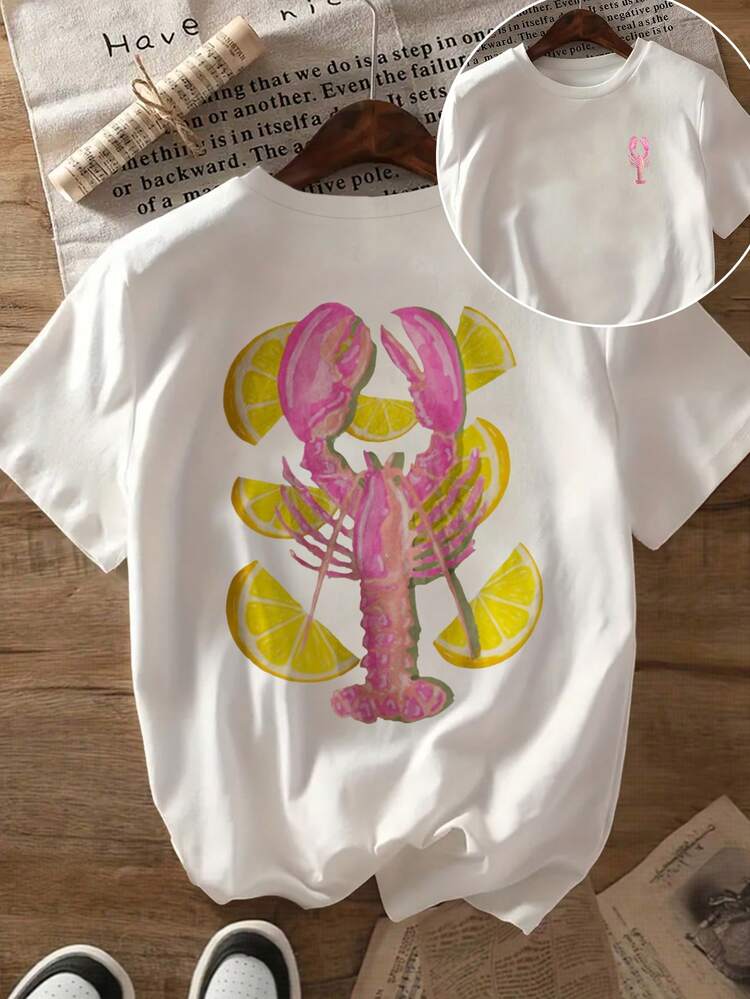 女式夏季龙虾印花圆领短袖休闲T恤 - 白色 - 查看 1