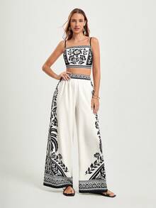 CAJUNI 女士休闲度假印花露背系带短款吊带背心和阔腿裤套装，女士两件套夏季服装，波西米亚风两件套，节日两件套，女士两件套夏季服装，节日两件套，波西米亚风两件套 - 黑與白 - 查看 6