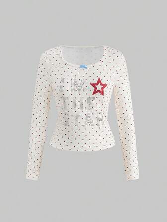 ROMWE Avant T-shirt moulant pour femmes avec imprimé étoile strass, slogan "Y2K Babe" et pois