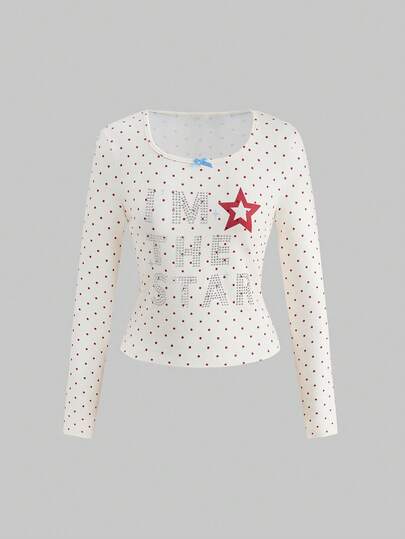 ROMWE Avant Y2K Babe Slogan Strass Stern Muster Polka Punkte Bodycon Damen T-Shirt