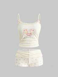 Kawaii Cute Rabbit Print Lace Blouse Paired With Rabbit All-Over Print Shorts