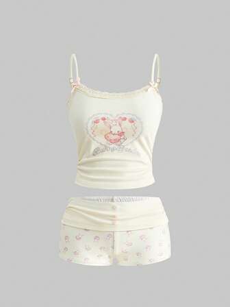 Kawaii Cute Rabbit Print Lace Blouse Paired With Rabbit All-Over Print Shorts