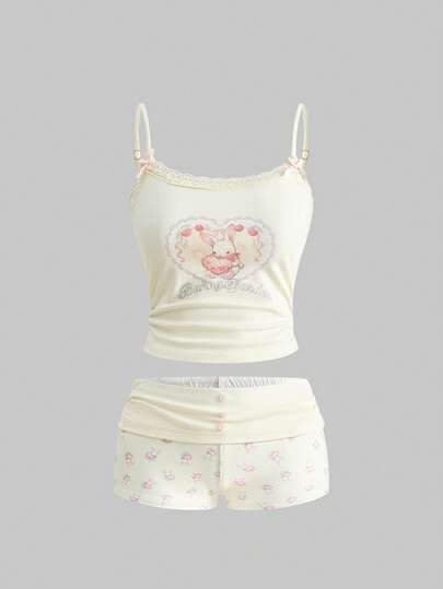 Kawaii Blouse en dentelle à imprimé lapin mignon assortie à des shorts à imprimé lapin tout-sur-tout
