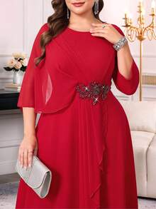 Reflora 大码纯色荷叶边网眼拼布优雅连衣裙 - 紅色 - 查看 2