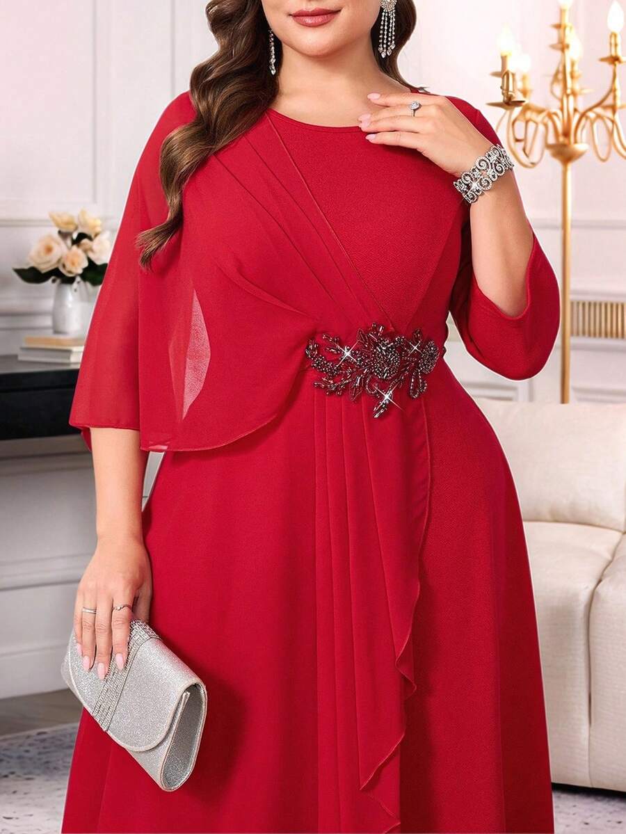 Reflora 大码纯色荷叶边网眼拼布优雅连衣裙