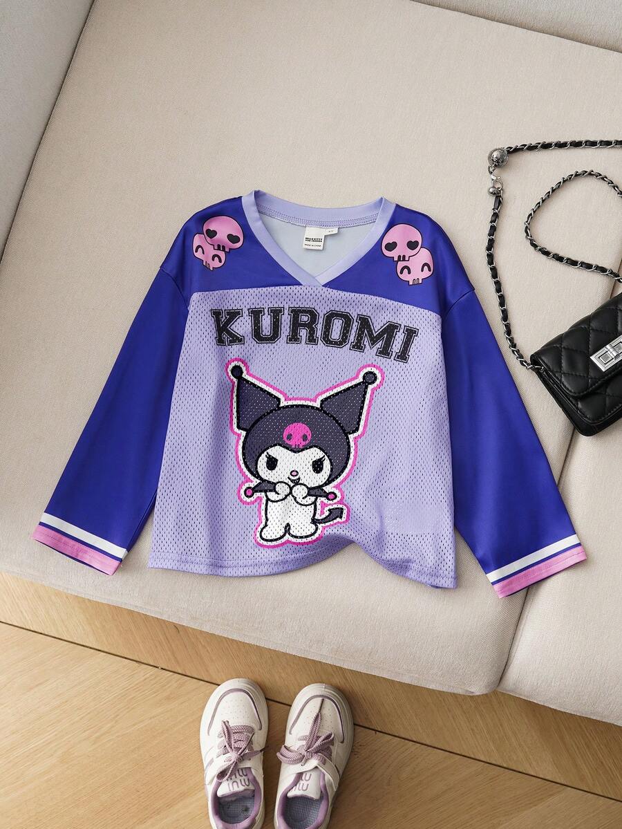 HELLO KITTY AND FRIENDS | SHEIN 年轻女孩休闲卡通图案V领落肩长袖网眼T恤