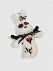 ROMWE Anime 1pc Gothic Style Cute Big-Eyed Rabbit Bag Charm, Bow Cross Decor Keychain, Bat Wing Halloween Music Festival Bag Accessory - Burgundy - View 3