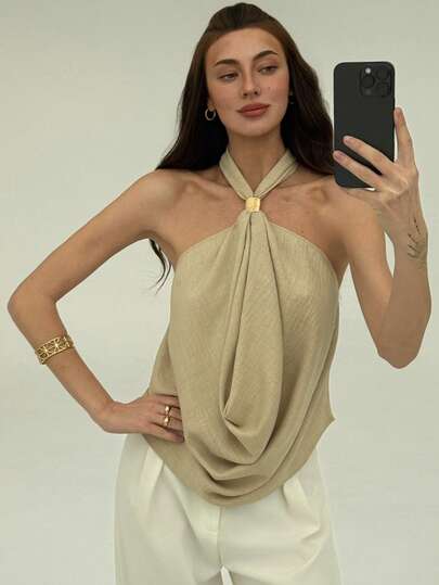 Aloruh Women's Sexy Solid Color Backless Halter Top, Summer Fall  Fall  For Women All S Women Fall S For Women Fall S Autumn Women's Fall Shoulder Top Beige Halter Neck Top With Metal Decorative Buckle New Year's Eve
