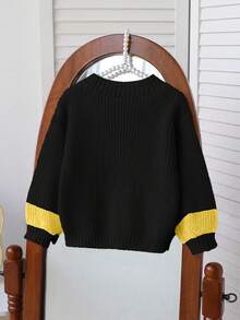 SHEIN 1 件柔软、亲肤、耐用、抗起球可爱 3D 蜜蜂和花朵装饰鲜艳可爱的黄色圆领毛衣，撞色袖子设计，轻质针织套衫年轻女孩，适合秋冬休闲、学校、户外穿着 - 黑色 - 查看 2