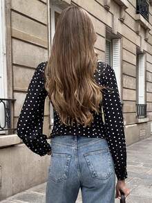 Pariaura Women's Elegant Design White Lace Patchwork V-Neck Tie Waist Polka Dot Casual French Style Short Black Blouse, Long Sleeve - Black - View 2