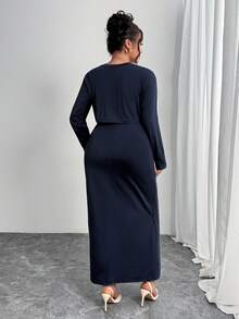 Modelyn Plus Size Women Elegant Solid Color Dress & Jacket 2 Pieces Set - Navy Blue - View 3