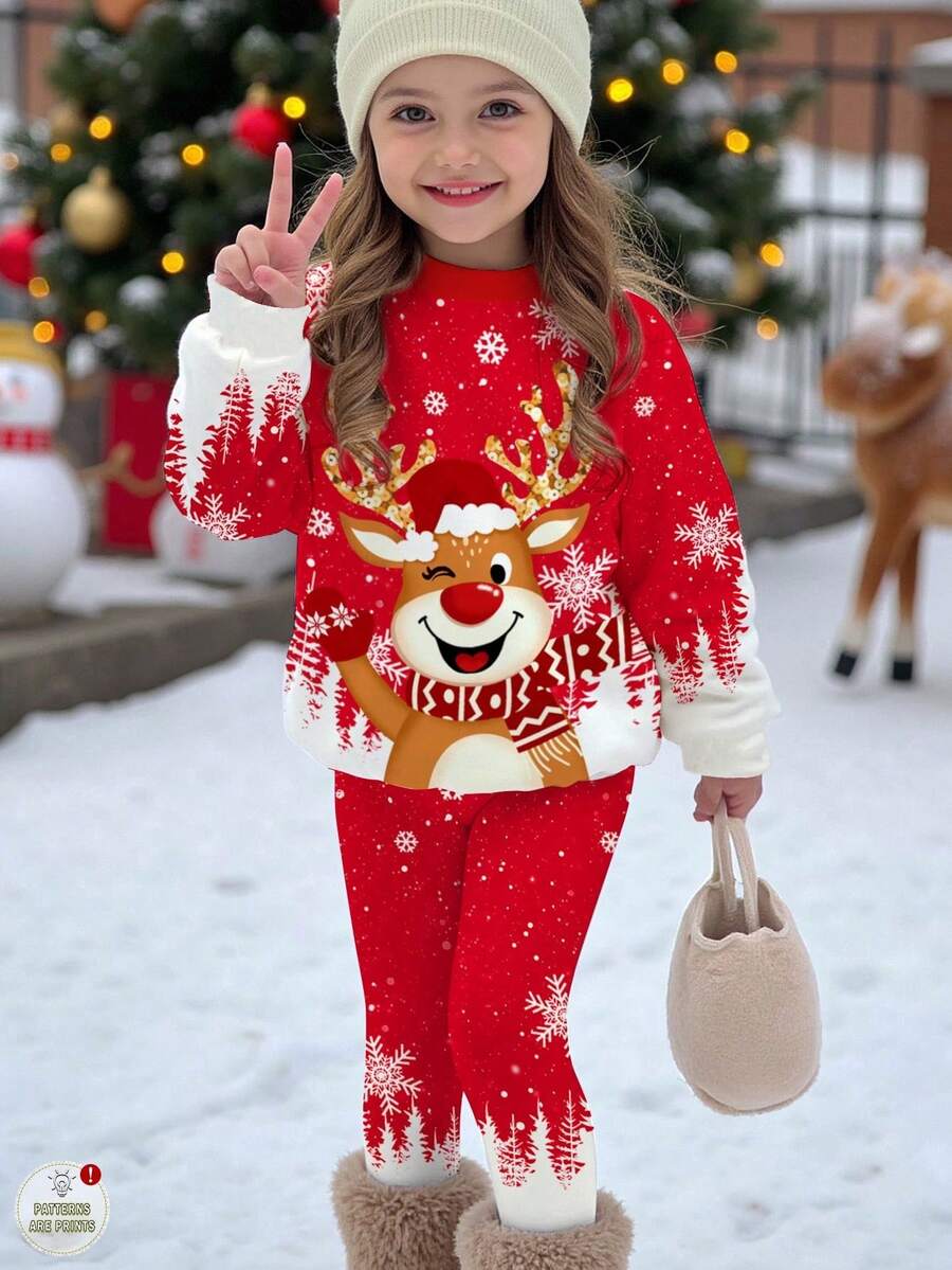 SHEIN Conjunto de 2 peças de moletom e leggings para meninas, casual, de natal, fofo, desenho animado, rena, floco de neve, vermelho, festivo, gola redonda, manga comprida, roupa adequada para outono/inverno - Multicolorido - Ver 1