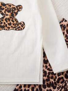 Babygirl Cute Casual Cartoon Pattern Long Sleeve Top And Leopard Print Pants Set - Multicolor - View 5