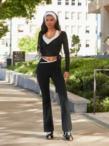 Easify SHEIN Sport Women's Casual Tie-Up Long Sleeve Perforated Texture T-Shirt, Sporty & Versatile For All Seasons