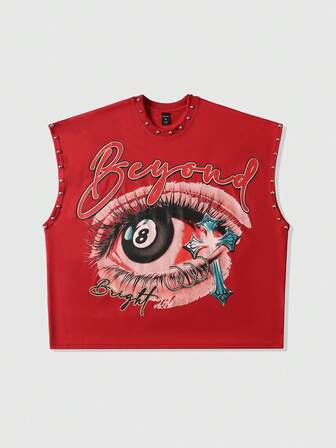 Street Life Men's Letter & Eye Print Round Neck Rivet Loose Tank Top