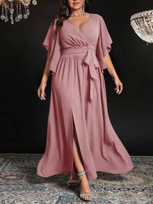 SHEIN CURVE+ Plus Size Women's Solid Color Fitted V-Neck Flare Sleeve Tie Waist Ruched Slit Elegant Party Maxi Dress - Dusty Pink - View 4