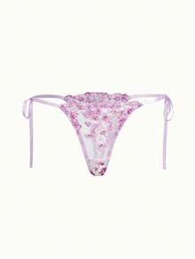 Bonmuse 2件組女款紫色花卉刺繡網紗蕾絲內衣套裝，時尚透視綁帶設計情趣睡衣內褲，情人節超薄胸罩，適合夏季 - 紫色 - 查看 6
