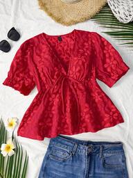 Trelyra Christmas Stylish Fresh Jacquard Short Sleeve V-Neck Top For Women, New Summer 2025 Fashion Short Sleeve Blouse Puff Sleeve Blouse