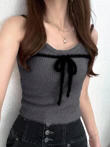 FRIFUL 女式杏色纯色内袋无袖夹克，长袖撞色抽绳蝴蝶结针织毛衣两件套，秋季