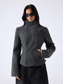 LYSMO 女士时尚高领纯色插肩袖收腰口袋羊毛大衣 - 深灰色 - 查看 5