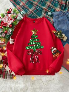 SHEIN EZwear 女士休闲红色圆领运动衫，适合秋冬季，适合圣诞节，圣诞树印花 - 紅色 - 查看 2