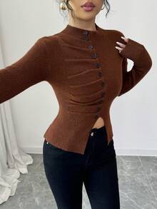 SHEIN Elenzya 女士时尚高领假门襟侧边荷叶边纽扣装饰不对称下摆修身套头毛衣 - 棕色 - 查看 6