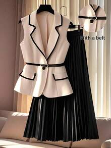 Franclia Completo da donna taglie forti, composto da blazer smanicato con cintura e gonna plissettata, adatto per la primavera/autunno, elegante abbigliamento da ufficio