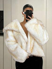 SHEIN ICON 女式冬季超大领口前开仿皮草夹克 - 白色 - 查看 3