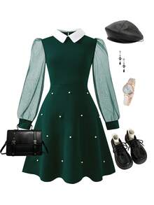 1pc Girls Wednesday Collared Mesh Patchwork Long Sleeve Dress,Dark Green,Autumn,Elegant,School,Back-To-School Gothic Style With Pearl Decor,Christmas - Dark Green - View 1