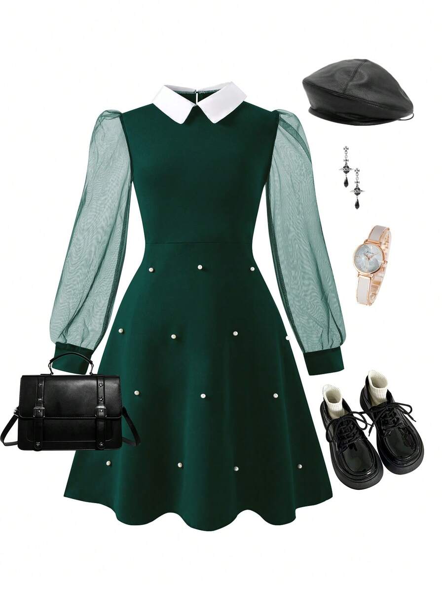 1pc Girls Wednesday Collared Mesh Patchwork Long Sleeve Dress,Dark Green,Autumn,Elegant,School,Back-To-School Gothic Style With Pearl Decor,Christmas - Dark Green - View 1