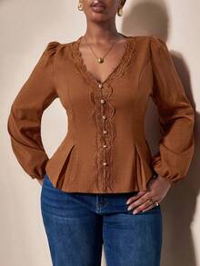 EMERY ROSE Plus Size Women's Solid Color Linen-Like Lace Patchwork Long Sleeve Round Neck Ruffle Retro Elegant Casual Blouse