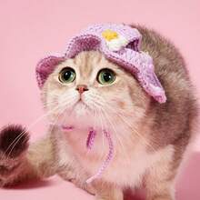 PETSIN 1 件可爱花朵休闲宠物帽子秋冬季手工针织加厚保暖猫狗角色扮演头饰 - 彩色 - 查看 15