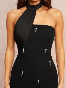 Silquee Women's Black Solid Color Irregular Neckline Faux Pearl Embellished Wide-Leg Elegant Suspender Jumpsuit, Suitable For Valentine's Day, Christmas, Dates/Outings/Nightclub Parties/Gatherings, Etc., Elegant And High-End Party Dress, Sparkly Jumpsuit. - Black - View 8