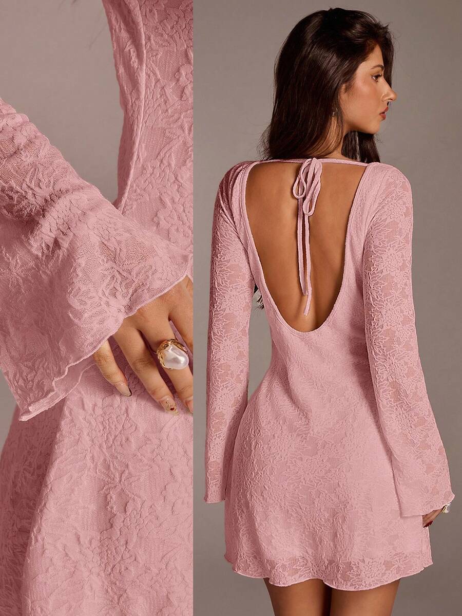 SHEIN Forever 21 复古印花露背长袖迷你连衣裙 - 粉色 - 查看 1