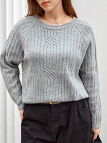 Elenzga Plus Size Women Crew Neck Ribbed Knit Pullover Sweater, Casual & Versatile, Winter