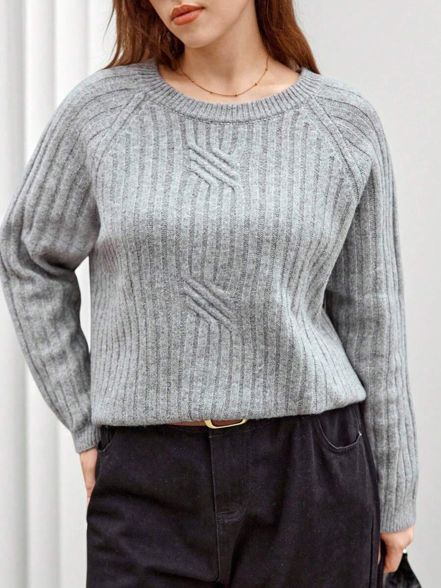 Elenzga Plus Size Women Crew Neck Ribbed Knit Pullover Sweater, Casual & Versatile, Winter