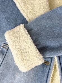 SHEIN 少女Y2K蓝色牛仔保暖长袖外套，抓绒保暖牛仔外套，加厚抓绒牛仔外套，西装领外套，派外套，秋季外套，冬季秋装 - 中等水洗藍 - 查看 6