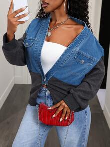 Slaydiva Women's Color Block Long Sleeve Drop Shoulder Fashionable Versatile Denim Jacket - Blue - View 7