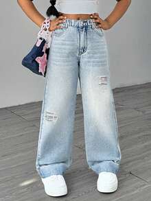 Sparklyn Tween Girls' Light Blue Pocket Distressed Wide Leg Jeans, Versatile Casual Pants For Daily Wear With Crop Tops Or Other Outfits - Light Wash - View 5