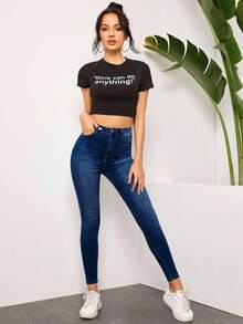 SHEIN Essnce 女士休闲日常通勤简约百搭高腰紧身牛仔裤 - 深色水洗藍 - 查看 3