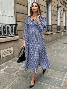Pariaura 波西米亚风格蓝白格子灯笼袖连衣裙，褶皱腰方领设计，日常办公室修身长款格子连衣裙甜美风格蓝白格子方领连衣裙，灯笼袖和褶皱腰，复古修身长款摇摆格子连衣裙法式优雅蓝白格子灯笼袖连衣裙，褶皱腰方领，修身长款摇摆办公室连衣裙 - 寶藍色 - 查看 3