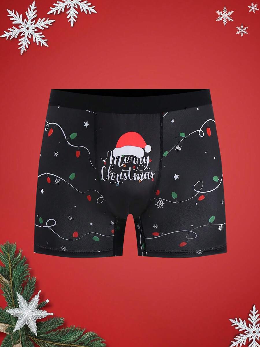 Christmas Funny Print Cartoon Quirky Santa Claus, Gift Box, Candy Cane, Bell, Snowflake, Snowman, Family Party Men's Mid-Length Boxer Briefs - Multicolor - View 1