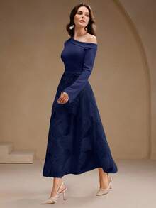 Anewsta Elegant Navy Blue Shoulder Cutout Long Sleeve Knit Patchwork Embroidered A-Line Dress For Women,Autumn Dining Wedding Guest Party Formal Chic Style - Navy Blue - View 4