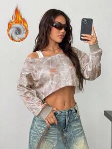 SHEIN PETITE 1 pieza Sudadera holgada asimétrica casual de mujer con estampado de camuflaje y hojas, estilo retro Y2K, color albaricoque, para otoño/invierno - Multicolor - Ver 1