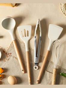 Cirelle 1件/3件厨房用具，不粘硅胶烹饪用具，木柄硅胶铲和勺子，耐热硅胶铲，家用汤勺，烹饪铲，前蛋铲，煎勺