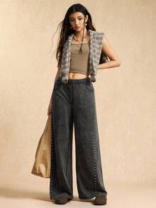 Easelle Black Knit Retro Stretch Waist Straight Loose Casual Women's Sports Pants Sweatpants With Studded Sides And Snowflake Pattern, Autumn And Winter Long Pants. - Black - View 5