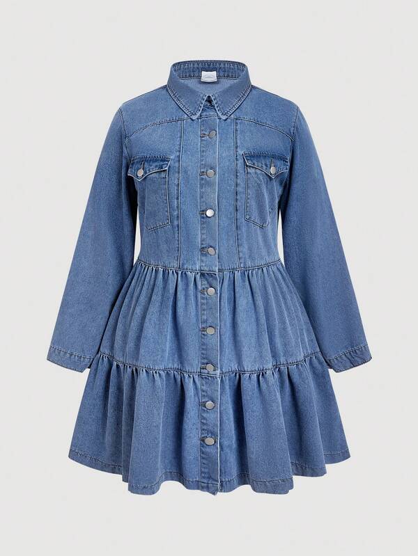SHEIN MOD Plus Size Casual Washed Front Button Denim Dress