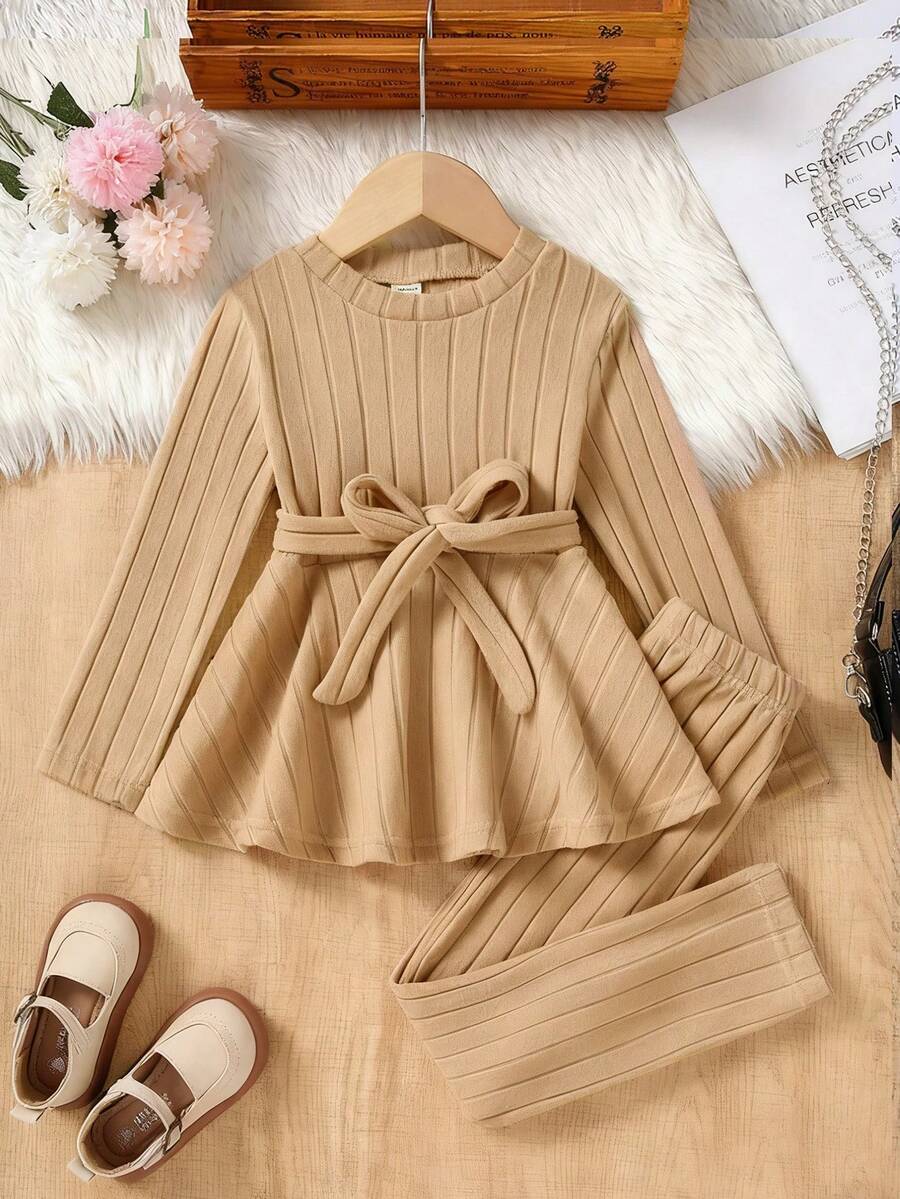 SHEIN Young Girl Casual 2pcs Set: Solid Color Crew Neck Long Sleeve Ribbed T-Shirt & Pants, Autumn - Khaki - View 1